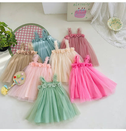 1-6 Y Girls Dresses  3D Flower A Line Dress for Girls Sleeveless Camisole Mesh Dress