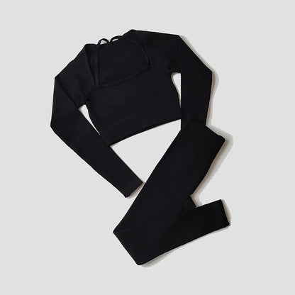 Women Yoga Set Gym Clothing Tracksuit Long Sleeve Crop Top One Shoulder Bra High Waist Seamless Leggings Fitness Sports Suits