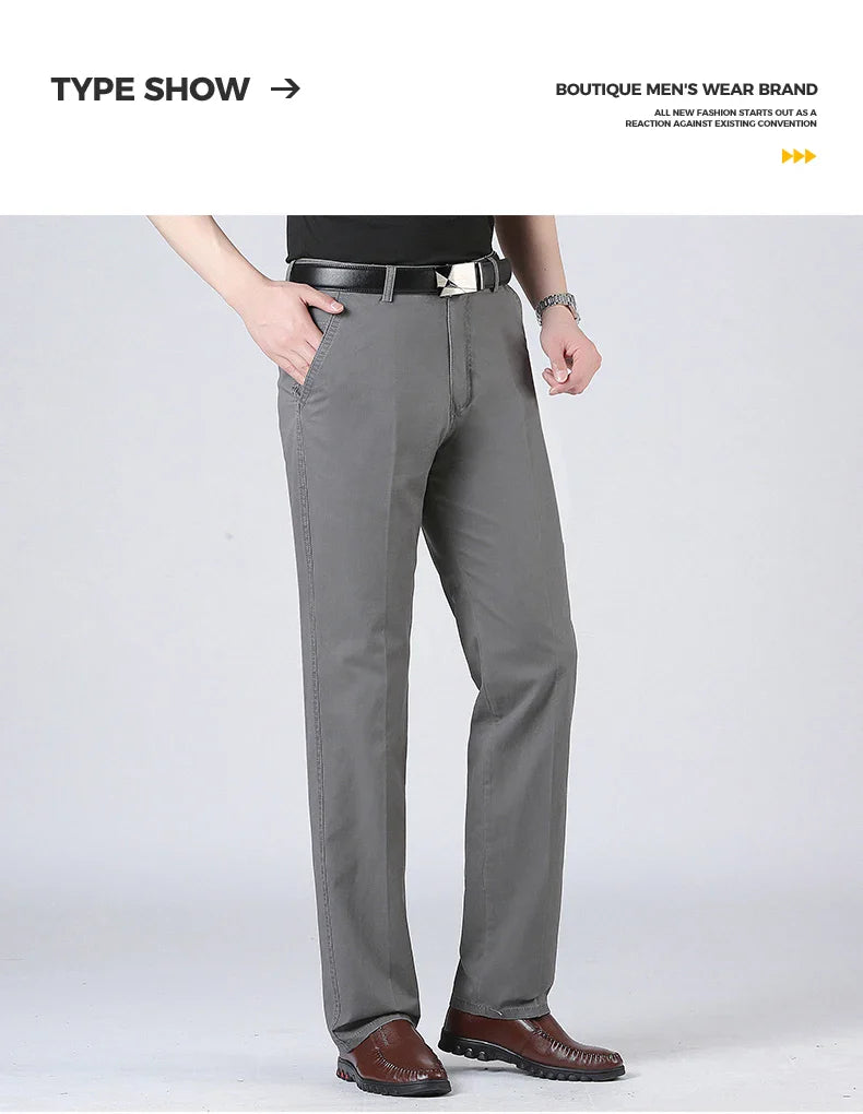 Cotton Pants Men's Straight Leisure Business Trousers Solid Autumn Winter Chinos Belted Pants Dad Elderly Formal Trousers