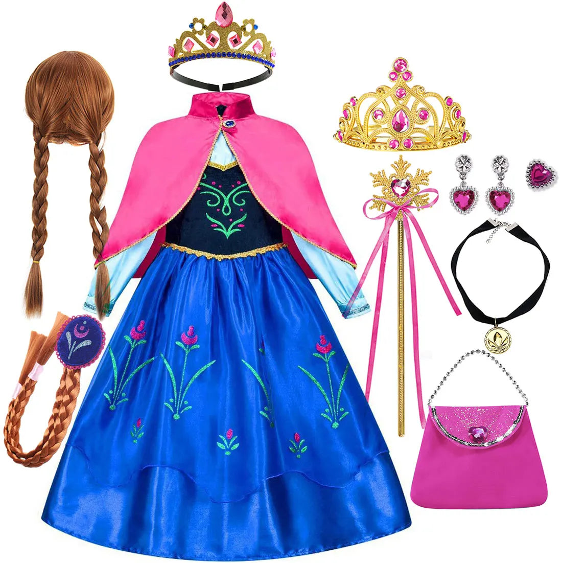 Frozen Classic Movie Princess Anna Dress With Red Cape Christmas Holiday Party Carnival Girls Gift Cosplay Anna Dress Set