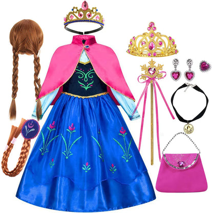 Frozen Classic Movie Princess Anna Dress With Red Cape Christmas Holiday Party Carnival Girls Gift Cosplay Anna Dress Set