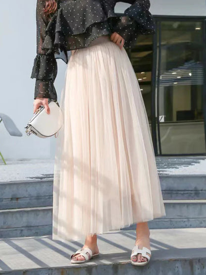 Elegant Women Tulle Skirt  Korean Fashion Mesh White A Line Ladies Pleated Skirt Summer Chic High Waist Black Party Faldas