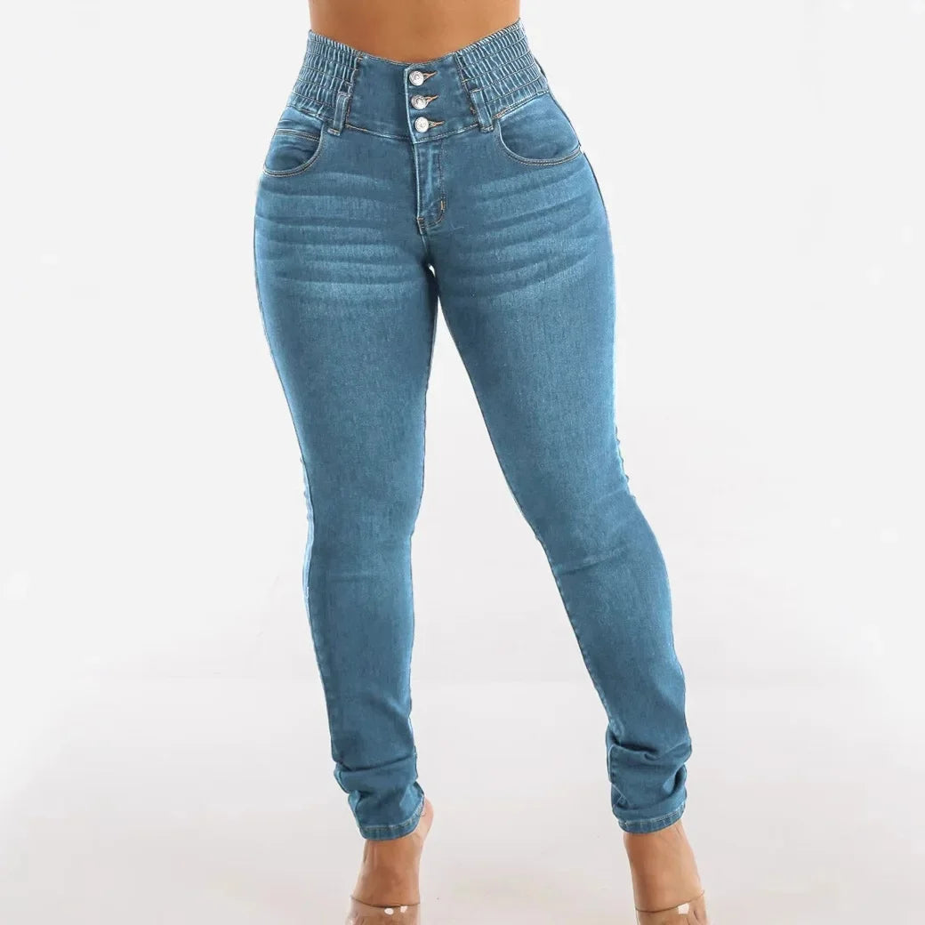 High Waist Elastic Denim Jeans Women plus Size Buttoned Slimming Pencil Pants