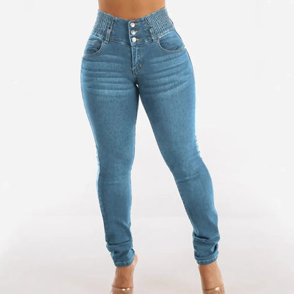 High Waist Elastic Denim Jeans Women plus Size Buttoned Slimming Pencil Pants