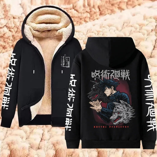 Warm Zipper Jacket Gojo Satoru Anime Thicken Hoodie Men Women Lamb Wool Casual Long Sleeve Sweatshirts Streetwear