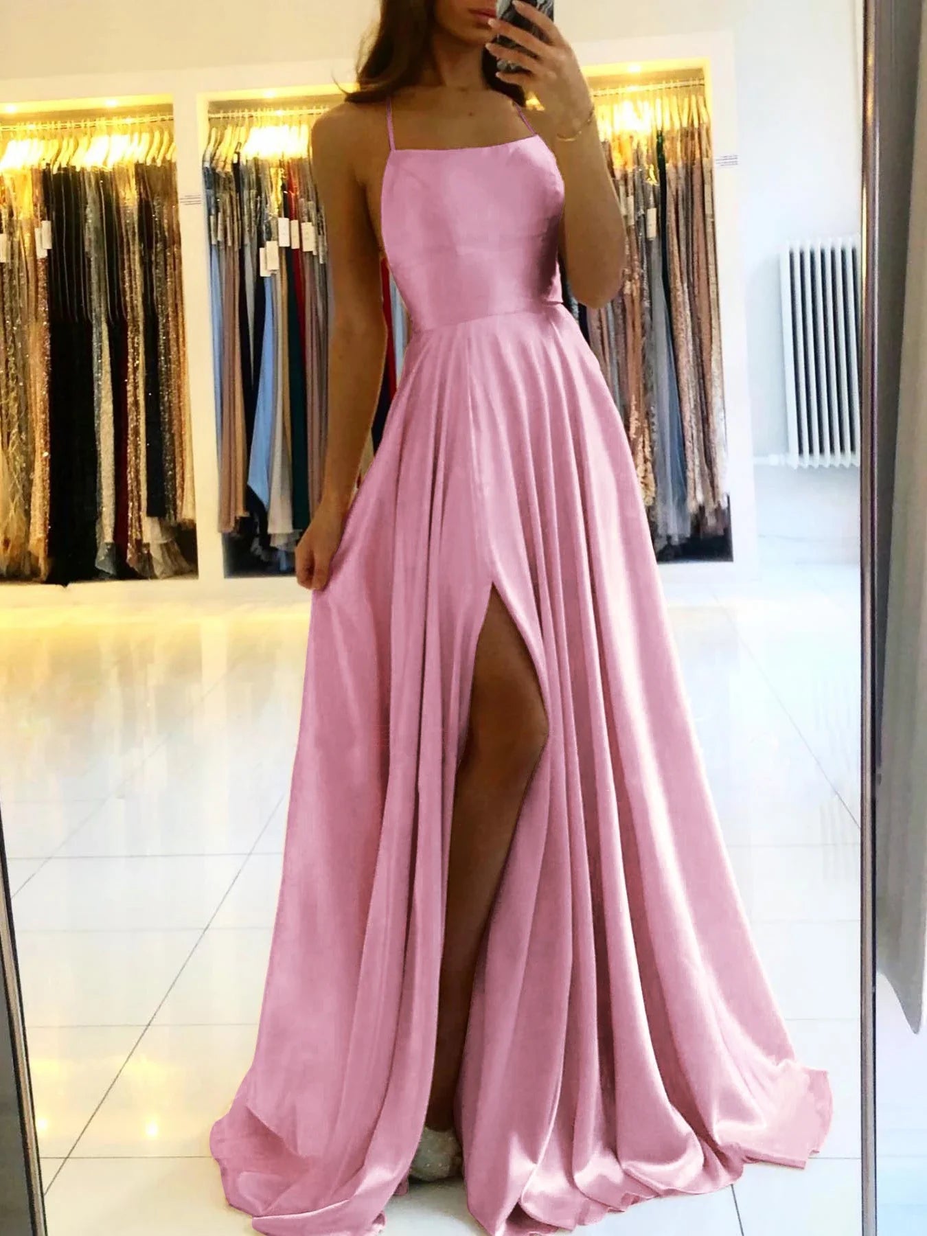 Vestido de Madrinha em Cetim, Estilo Evasê, Fenda, Decote Drapeado, 3 Estilos, com Amarrações, para Eventos Especiais, Vestido de Noite, Vestido de Formatura