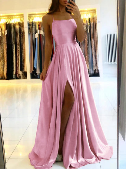Vestido de Madrinha em Cetim, Estilo Evasê, Fenda, Decote Drapeado, 3 Estilos, com Amarrações, para Eventos Especiais, Vestido de Noite, Vestido de Formatura