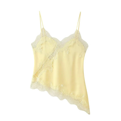 Women Lace Trim Satin Camisole V Neck Spaghetti Strap Backless Asymmetrical Tops Trendy Summer Streetwear