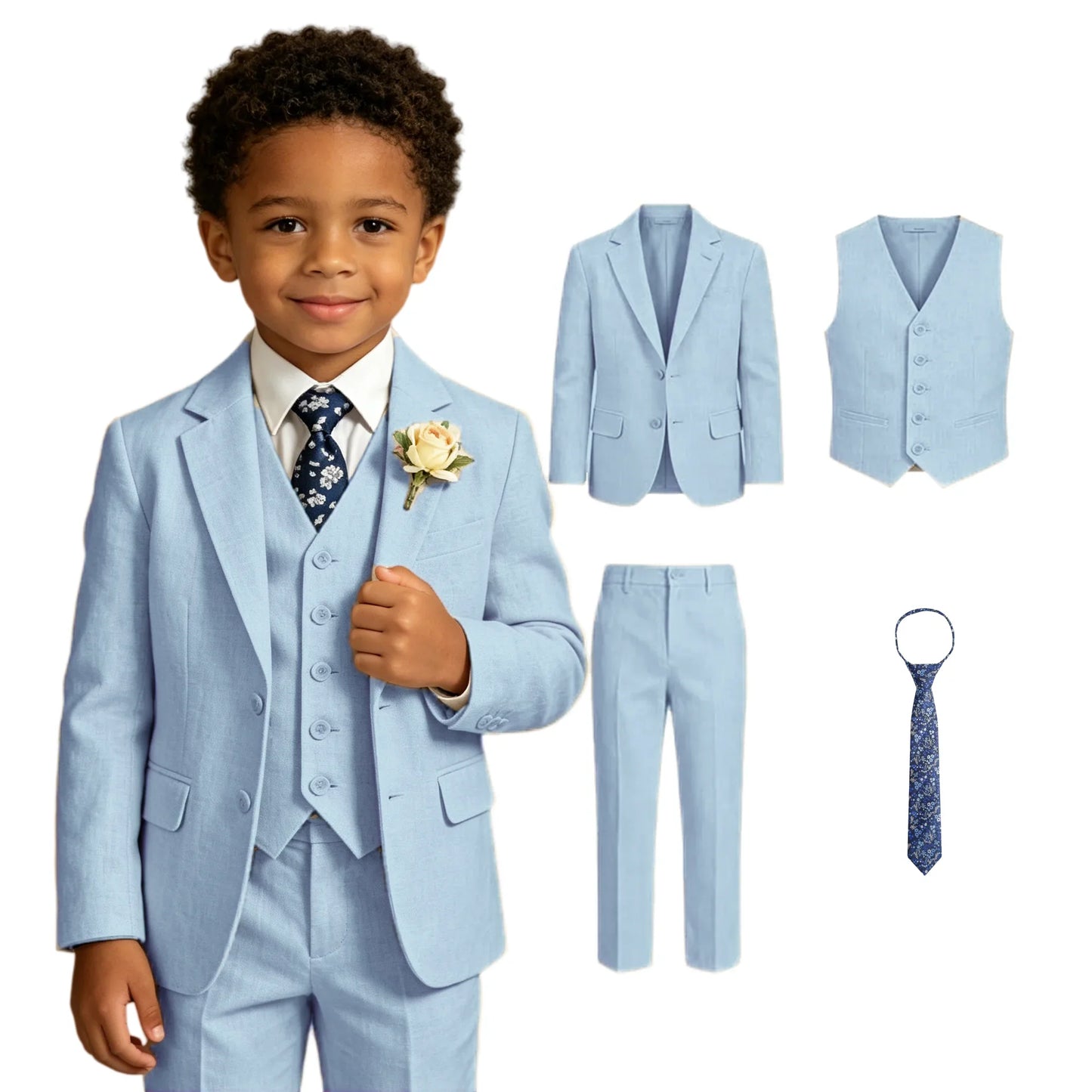 Boys 4 Piece Formal Suit Set with Vest Tie Boutonniere for Wedding Ring Bearer Prom Ceremony Party Celebration Family Gathering