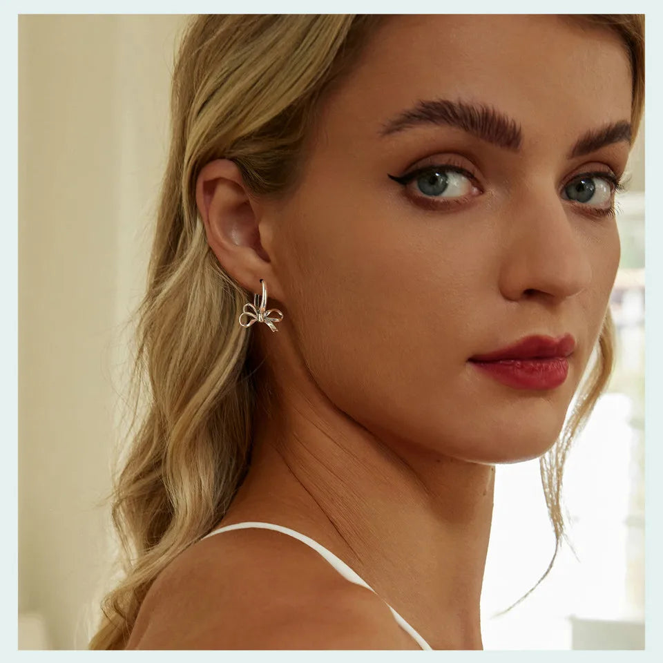 Gold Bowknot Ear Buckles, 925 Sterling Silver Hypoallergenic Classic Trend Hoop Earrings for Women Fine Jewelry SCE1752