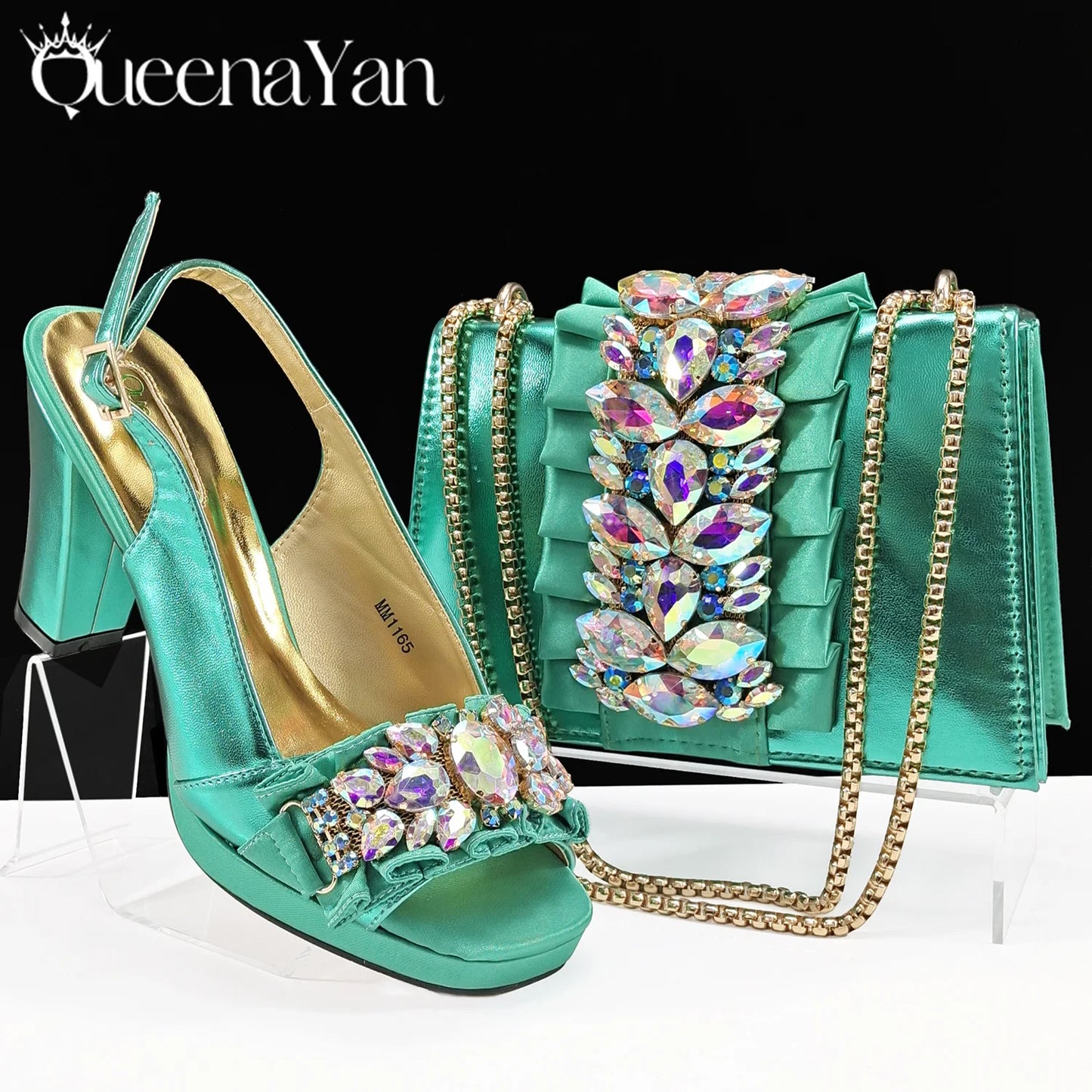 Spot goods INS Gold Color Elegant Women Heels Shoes and Bag Set Decoration Rhinestones Women High Heels Shoes