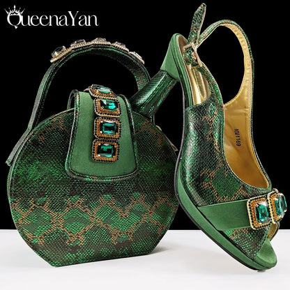 Elegant Green Peep-Toe Women Heel Pumps for Italian Matching Party Shoes and Bags Set for Parties with Diamond Accents