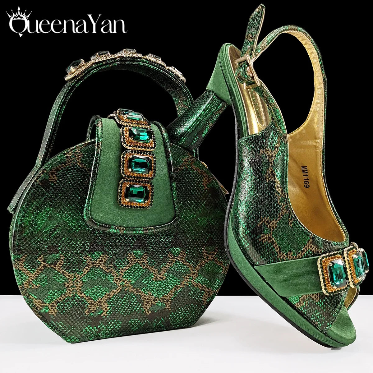 Luxurious Italian Women's Party Shoes&Bag Set Elegant Golden Rhinestone  Sandals with Peep Toe High Heels Wedding