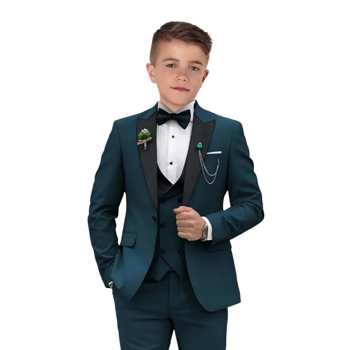 Vintage 4-Piece Suit Set for Boys 3-14 Years, Black Peak Laple Kids Formal Tuxedo Set, Blazer Vest Pants Bow-tie Graduation Suit