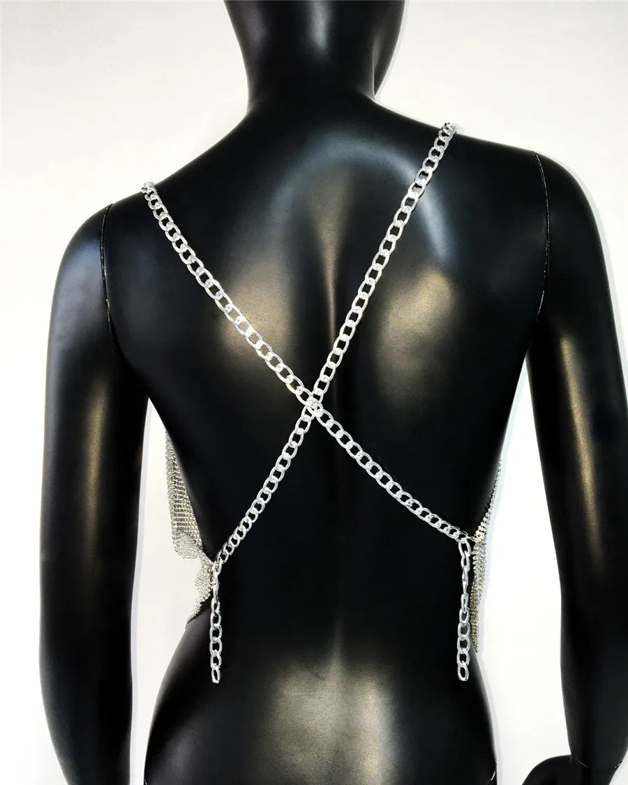 Shiny Rhinestone V Neck Tank Top 2025 Sexy Backless Metal Chain Spaghetti Straps Sling Camisole Women Nightclub Party Crop Top