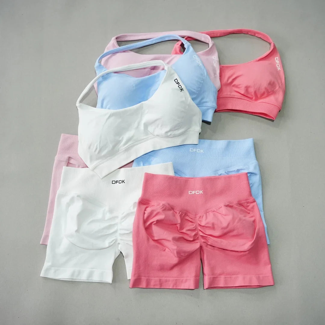Women's Fashion 2 Piece Sports Set Lace Up Sports Bra Seamless Shorts Leggings Yoga Gym Fitness Running Tracksuit
