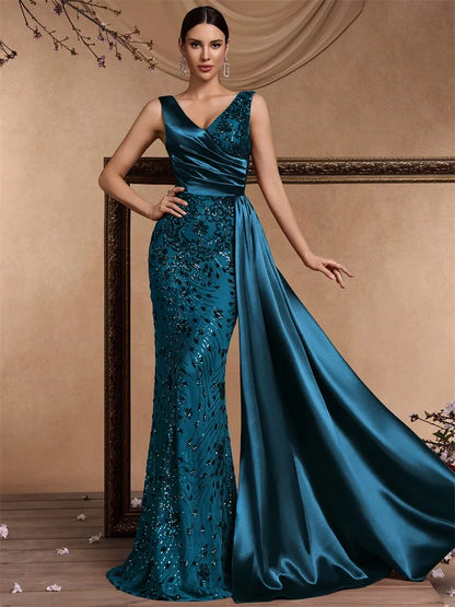 Elegant V-neck Splice Ribbons Sequins Evening Dresses Woman Sleeveless Mermaid Formal Luxury Wedding Party Prom