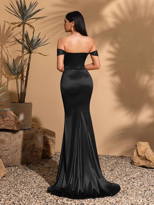 Vestido Elegante de Festa de Casamento com Ombro a Ombro, Plissado, Cintura Alta e Fenda