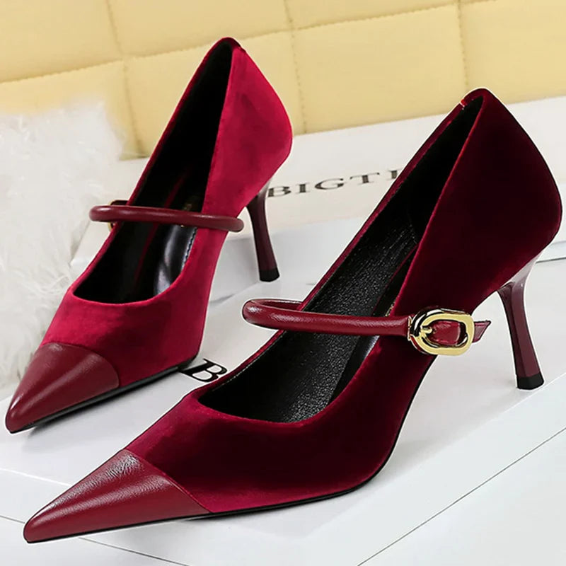 Korean Version Party 10cm 7cm High Heels Women Shoes Thin Heels Velvet Shallow Montage Pointed Toe Metal One-line Buckle Pumps