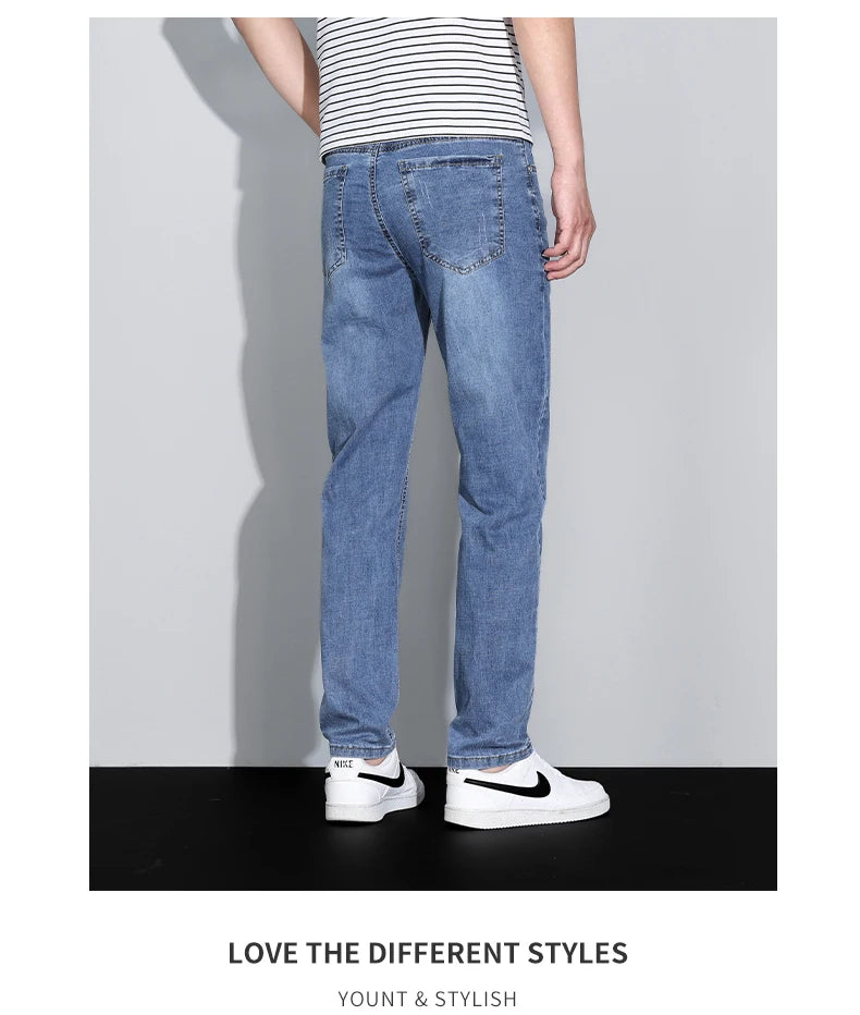 Men's Ice Silk Denim Cargo Pants Summer New Thin Business Casual Jeans Outdoor Y2K All Match Slim Fit Straight Elastic Jean Male