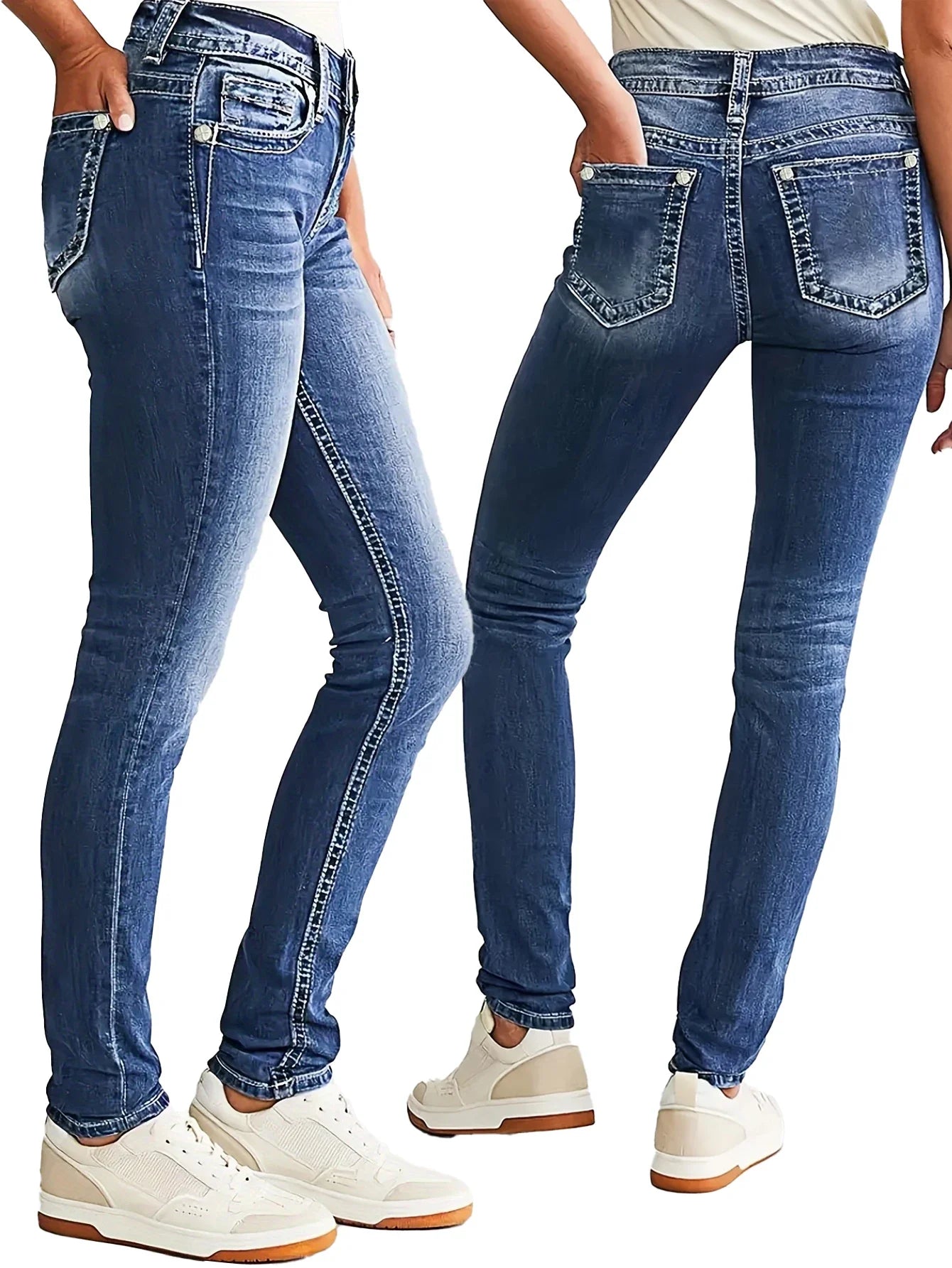 Women's dark blue slim fit elastic low waist classic style fashionable women's denim trousers