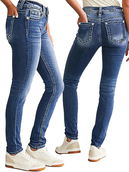 Women's dark blue slim fit elastic low waist classic style fashionable women's denim trousers