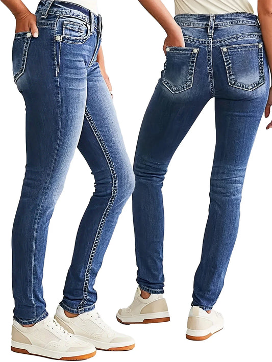 Women's dark blue slim fit elastic low waist classic style fashionable women's denim trousers