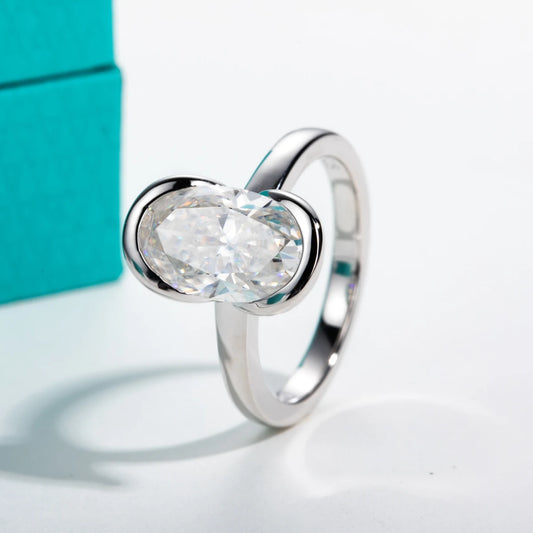 3ct D Color Oval Moissanite Engagement Ring 925 Sterling Silver Half Bezel Setting Solitaire Promise Rings for Women