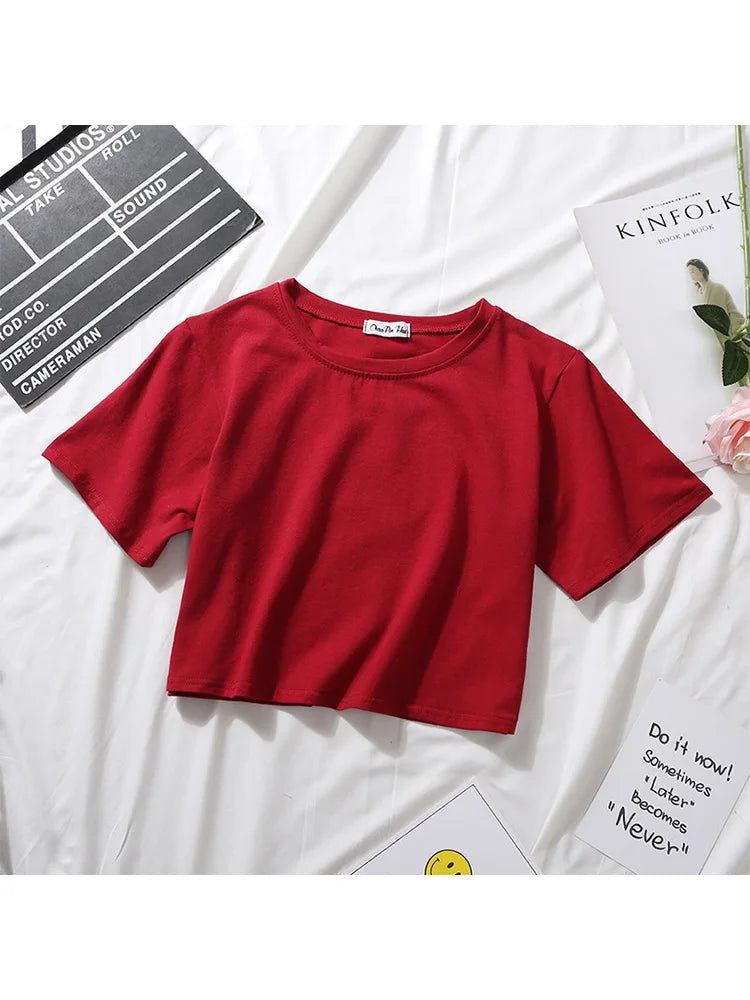 Summer Short Sleeve T Shirts Women  Solid T-shirt O Neck High Waist Crop Top Tee Female Casual Loose T Shirt