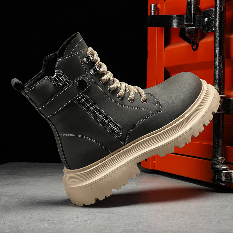 Men's Boots 2024 Autumn Thick Soled Zipper Lace-up Korean Belt Buckle Height Increasing Comfort High Top British Sports Boots