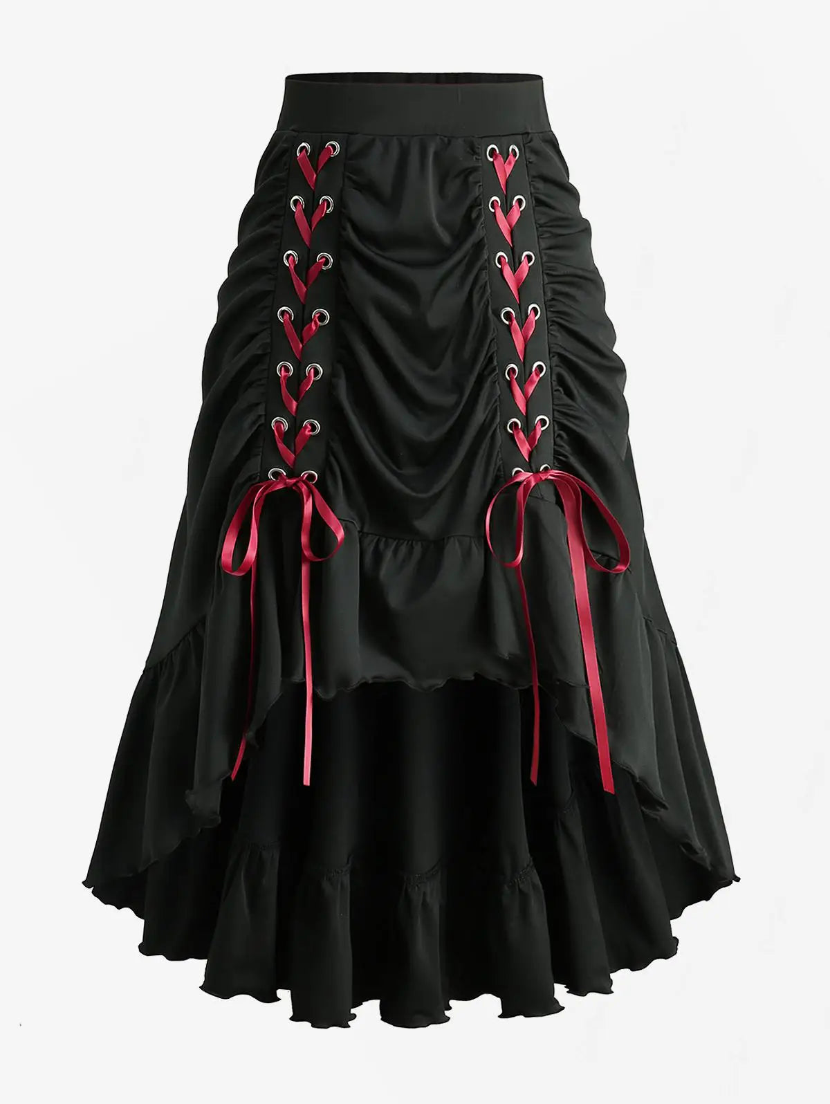 Plus Size Grommets Lace-Up Ruffles Ruched High-Low Skirt Adjustable Tie Waist Maxi Skirt for Women Oversize Black Skirts