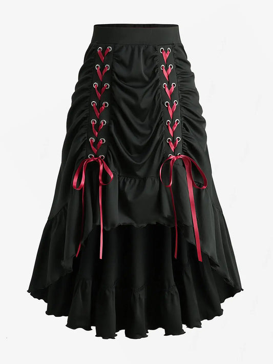 Plus Size Grommets Lace-Up Ruffles Ruched High-Low Skirt Adjustable Tie Waist Maxi Skirt for Women Oversize Black Skirts