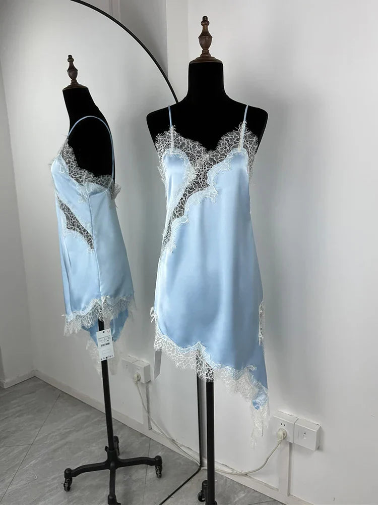 Lace Mini Spaghetti Strap Dress For Women Backless Slit Sexy Dress Evening Party Bodycon Female Elegant Dress High Waist