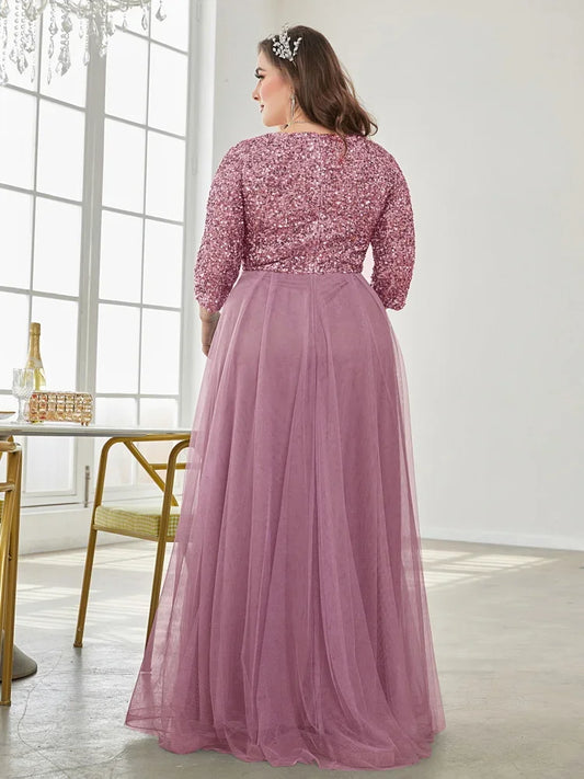 plus Size Luxury Floor Length V-Neck Evening Dress 2025 Women Elegant Party Maxi Dress Sequins Short Sleeves Prom Cocktail Gown