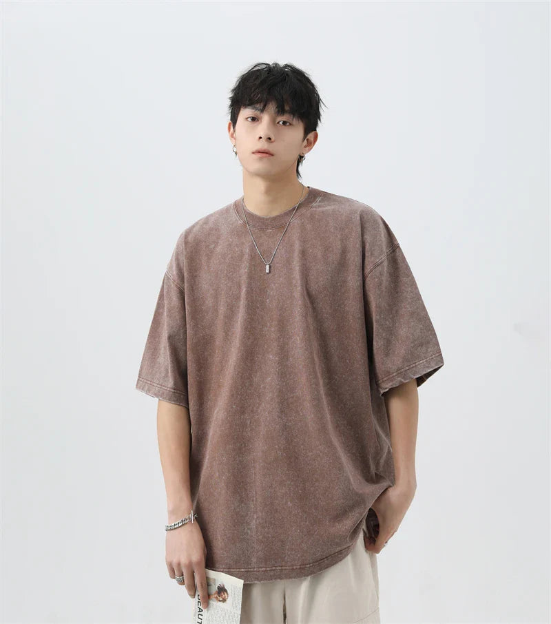 Japanese Korean Style Stir Fried Snowflake Washed T-Shirts Men Women Cotton Heavyweight Summer Hip Hop Streetwears Short Sleeved