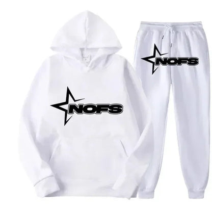 Streetwear NOFS Star Print Tracksuit Black Hoodie and Joggers Set for Men Women