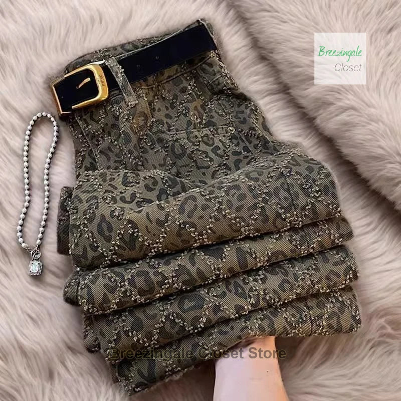 American high street leopard jeans women spring and summer new niche fashion design retro casual slim straight wide-leg pants.
