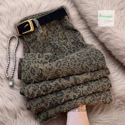 American high street leopard jeans women spring and summer new niche fashion design retro casual slim straight wide-leg pants.