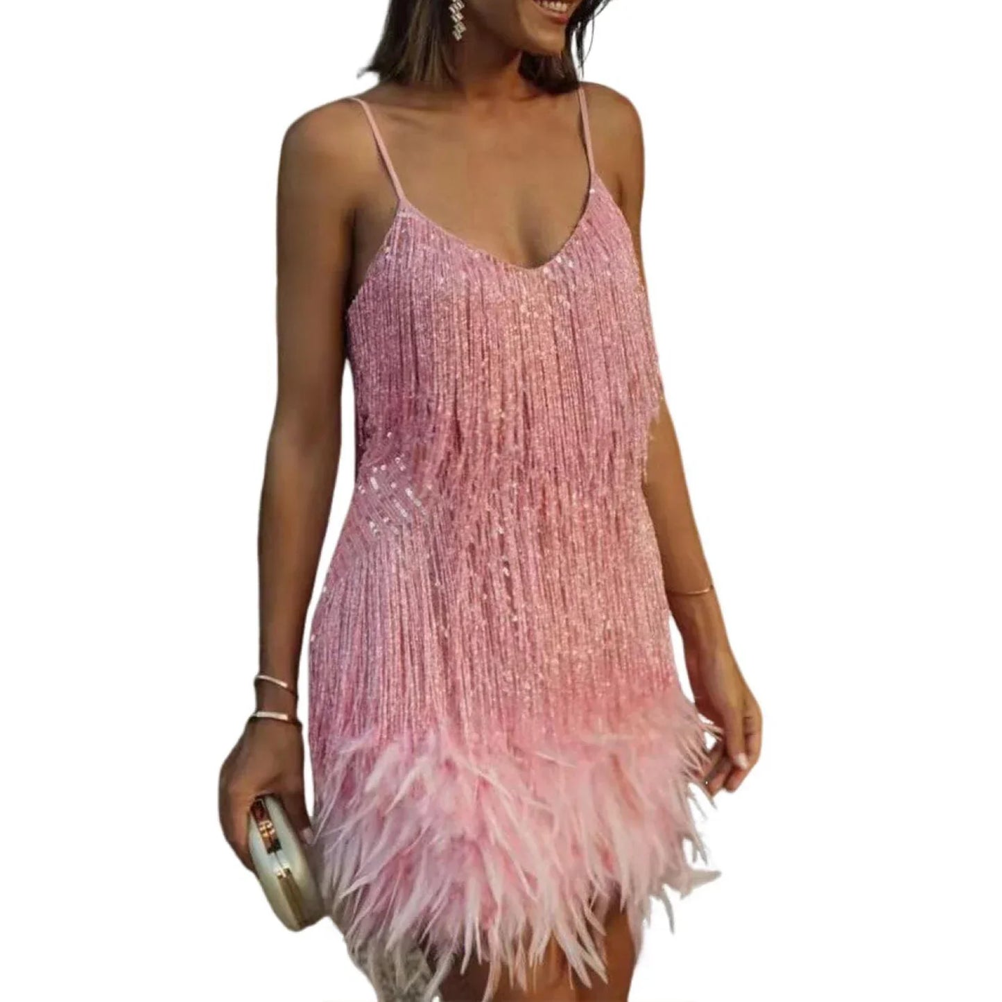 Elegant Dress Stretchy Tassel Sequins Decor Sexy Bodycon Mini Dress Pure Colors Above Knee Summer Dress Club Wear