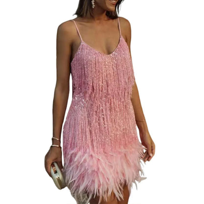 Elegant Dress Stretchy Tassel Sequins Decor Sexy Bodycon Mini Dress Pure Colors Above Knee Summer Dress Club Wear