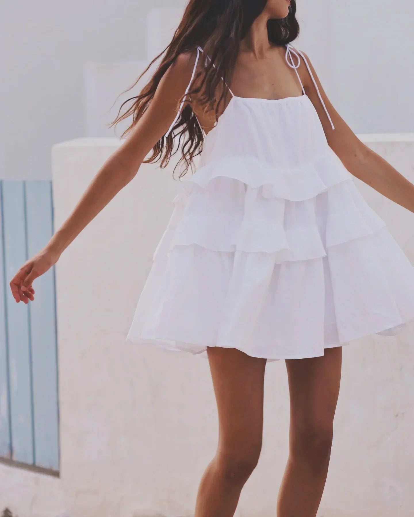 Sexy Loose White 100% Cotton Women's Dress Summer Strap Sleeveless Mini Dresses Classic Ruffle Female Beach Dress