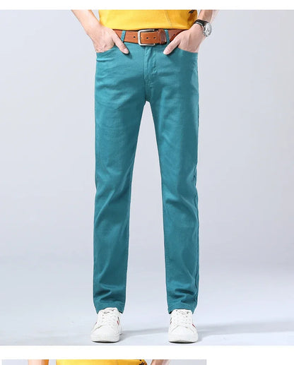2024 Autumn New Men's Stretch Fit Jeans Bright Trendy Denim Straight-leg Trousers Male Red Lake Blue Yellow Trousers