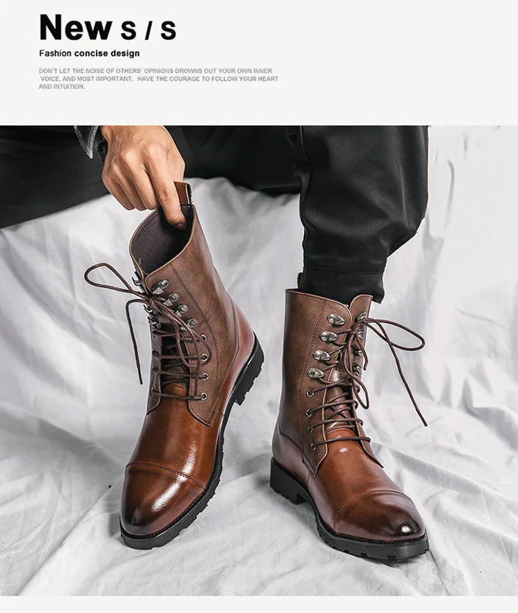 Men Lace Up High-top Boots Fashionable Outdoor Black Combat Boots