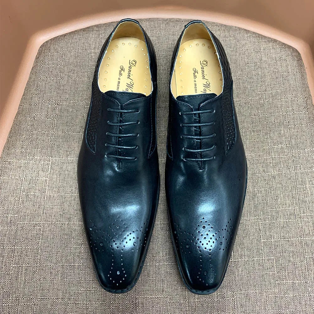 Luxury Men's Genuine Leather Oxford Shoes Snake Skin Print Black/Purple Lace-Up Square Toe Formal Dress Shoes