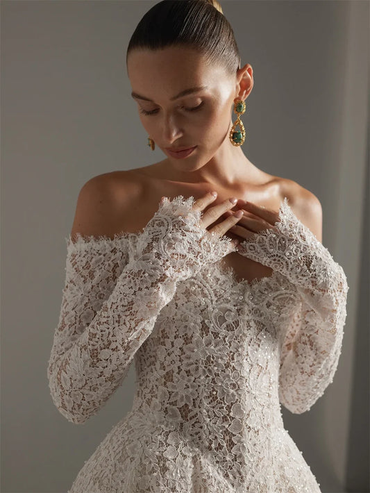 Customized White Off the Shoulder Wedding Dresses Long Sleeves Zip Back Bridal Gowns A-Line Court Train Wedding Gowns 2026