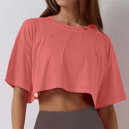 Camiseta Esportiva Feminina de Algodão Manga Curta Dança Corrida Yoga Fitness Cropped Top Mostrando o Umbigo Novo Solto para Academia