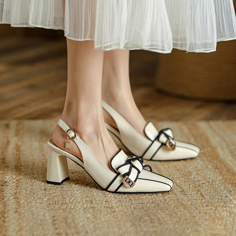 2025 French Style Genuine Leather Sandals Women Covered Toe Butterfly Knot Party Dating Sandals Office Ladies Pumps