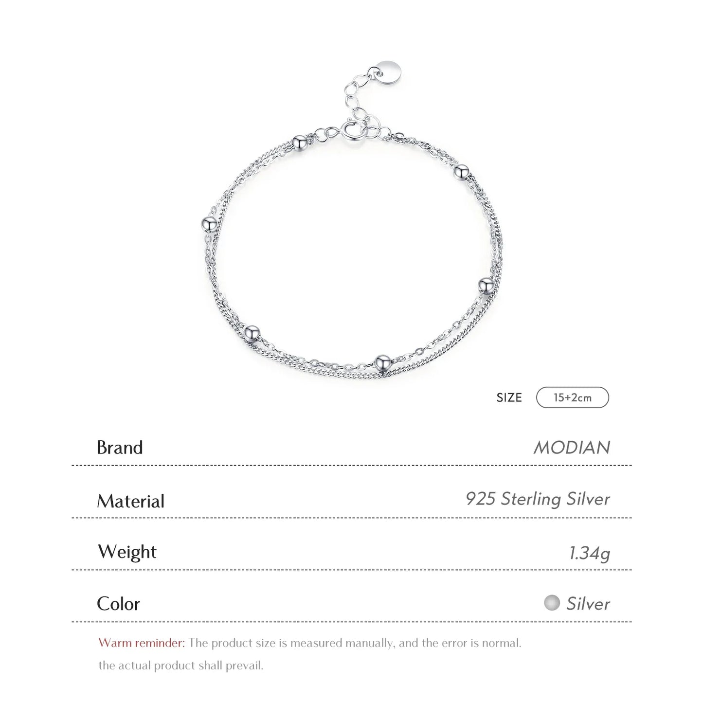 Silver Double Layer Beads Link Chain 100% 925 Sterling Silver Trendy Simple Female Bracelet For Women Wedding Jewelry