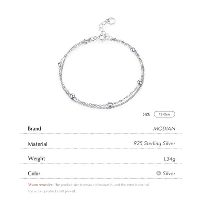 Silver Double Layer Beads Link Chain 100% 925 Sterling Silver Trendy Simple Female Bracelet For Women Wedding Jewelry