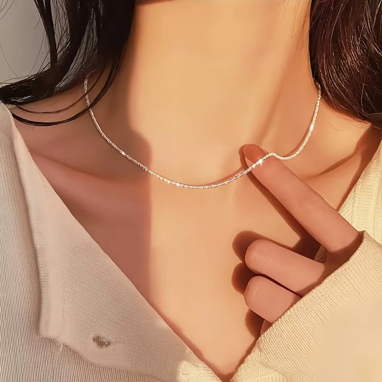 Authentic S925 Sterling Silver Necklace 2mm Sparkling Collarbone, Sweater Chain, High Charm Jewelry Gift for Women